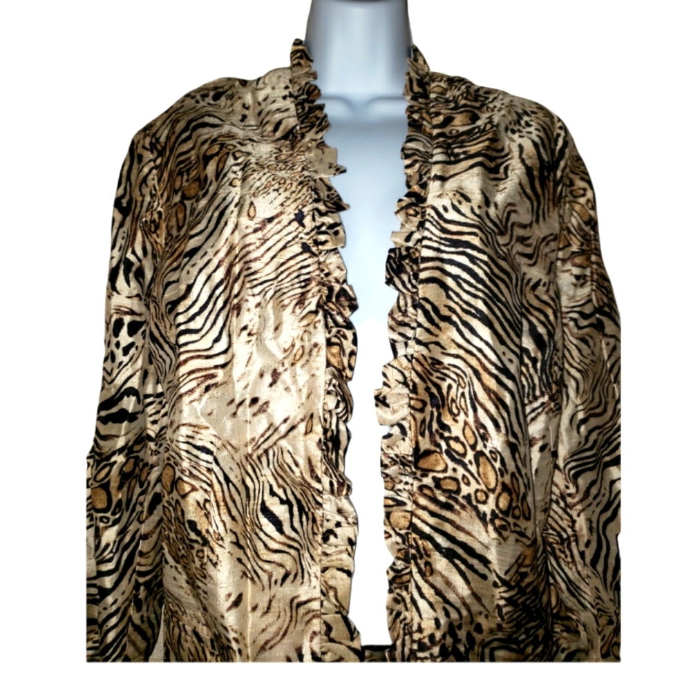 NWT Chicos tan & brown animal print silk open front ruffle jacket Womens… - Picture 3 of 7
